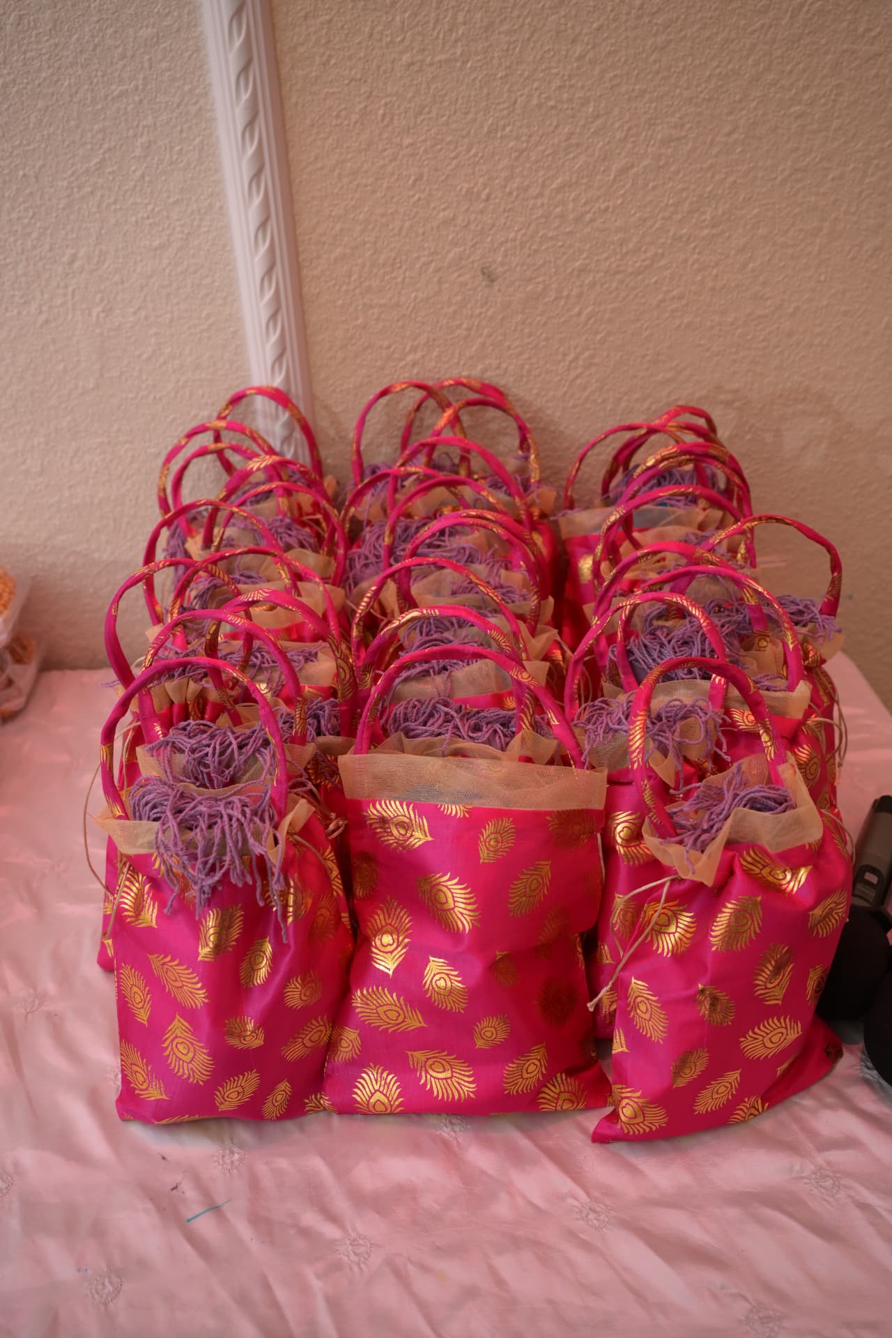 Favor bags, peacock pink, design detail from a Katha Clicks celebration